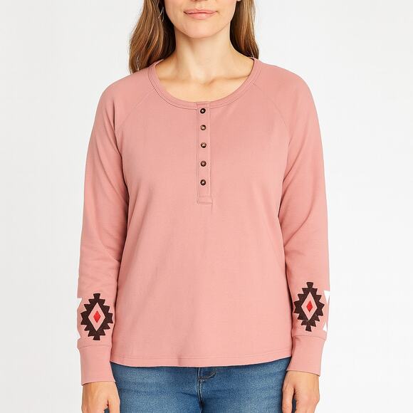 Ariat Pink Henley Long Sleeve Pullover Top Western Southwest Cuff M - Picture 10 of 10